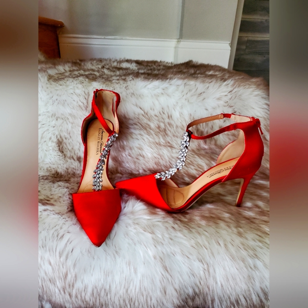 Badgley Mischka satin red diamond heels!